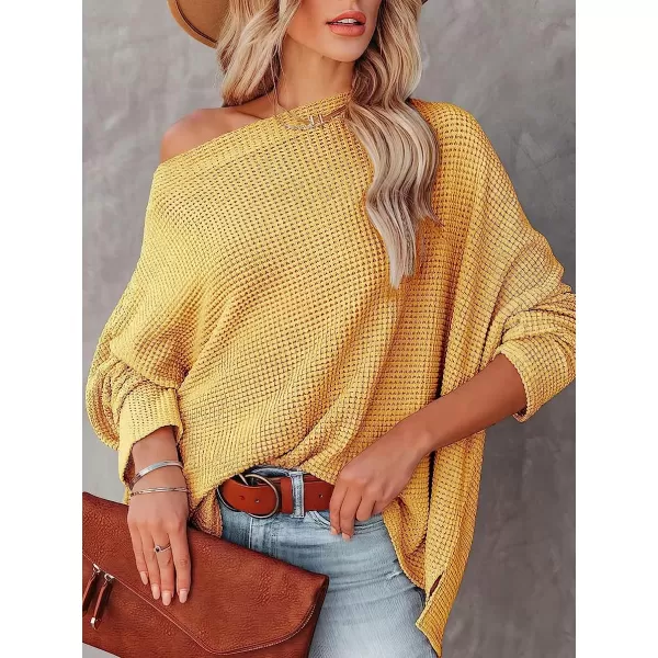 imageANRABESS Women Casual Loose Off Shoulder Long Batwing Sleeve Waffle Knit Oversized Pullover Shirt SweatersYellow