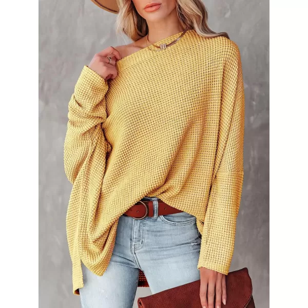 imageANRABESS Women Casual Loose Off Shoulder Long Batwing Sleeve Waffle Knit Oversized Pullover Shirt SweatersYellow