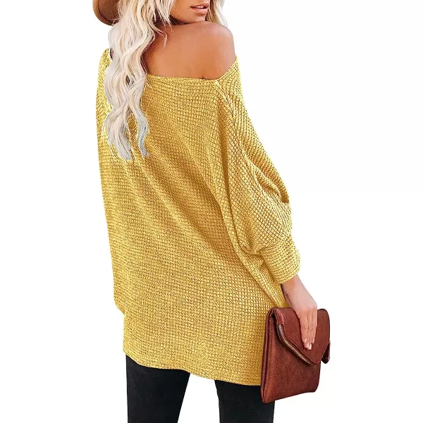 imageANRABESS Women Casual Loose Off Shoulder Long Batwing Sleeve Waffle Knit Oversized Pullover Shirt SweatersYellow