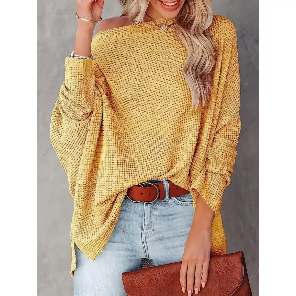 imageANRABESS Women Casual Loose Off Shoulder Long Batwing Sleeve Waffle Knit Oversized Pullover Shirt SweatersYellow