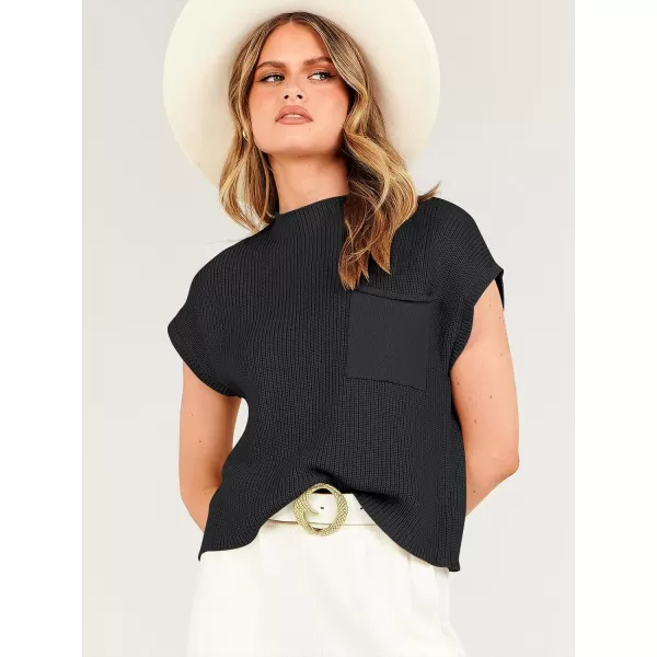 imageANRABESS Women Casual Sleeveless Mock Neck Ribbed Knit Loose Fit Trendy Spring Cropped Sweater Top with PocketBlack