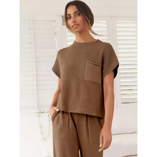 imageANRABESS Women Casual Sleeveless Mock Neck Ribbed Knit Loose Fit Trendy Spring Cropped Sweater Top with PocketBrown