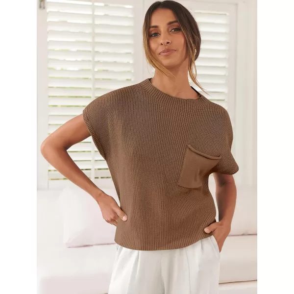 imageANRABESS Women Casual Sleeveless Mock Neck Ribbed Knit Loose Fit Trendy Spring Cropped Sweater Top with PocketBrown