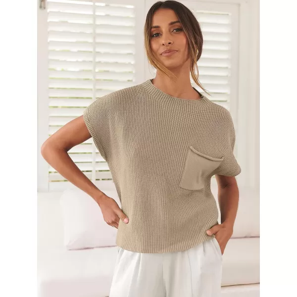 imageANRABESS Women Casual Sleeveless Mock Neck Ribbed Knit Loose Fit Trendy Spring Cropped Sweater Top with PocketLight Khaki