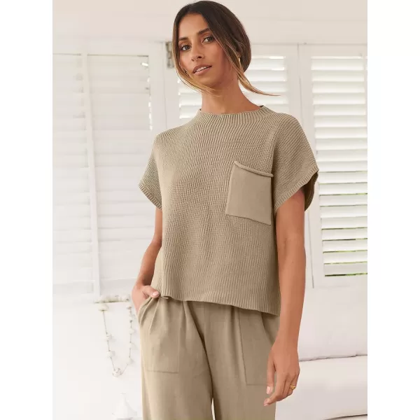 imageANRABESS Women Casual Sleeveless Mock Neck Ribbed Knit Loose Fit Trendy Spring Cropped Sweater Top with PocketLight Khaki
