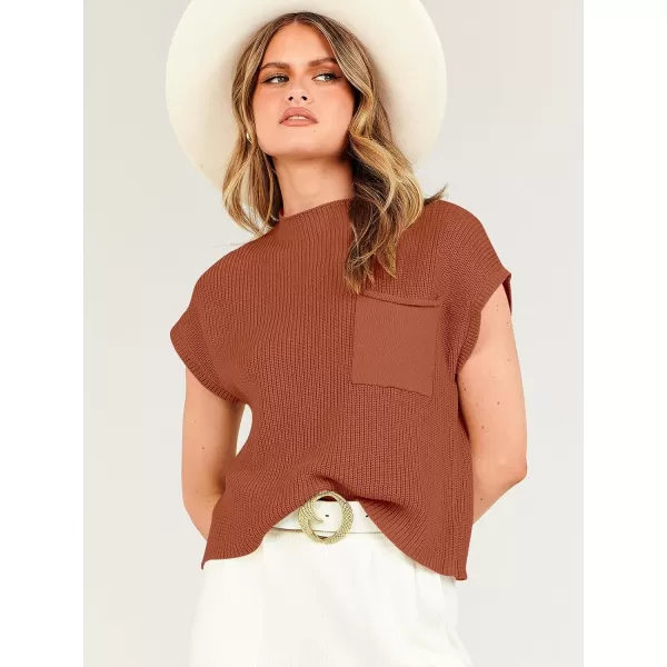 imageANRABESS Women Casual Sleeveless Mock Neck Ribbed Knit Loose Fit Trendy Spring Cropped Sweater Top with PocketRust