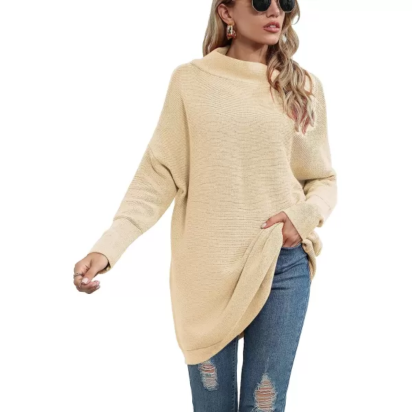 imageANRABESS Women Casual Turtleneck Batwing Sleeve Slouchy Oversized Ribbed Knit Tunic Sweaters PulloverApricot