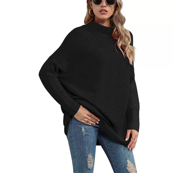 imageANRABESS Women Casual Turtleneck Batwing Sleeve Slouchy Oversized Ribbed Knit Tunic Sweaters PulloverBlack