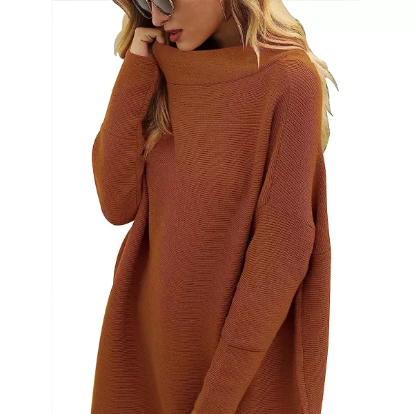imageANRABESS Women Casual Turtleneck Batwing Sleeve Slouchy Oversized Ribbed Knit Tunic Sweaters PulloverBrown