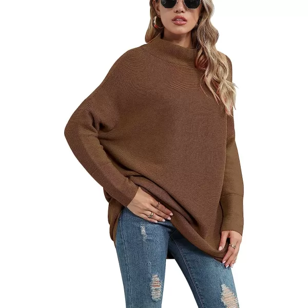 imageANRABESS Women Casual Turtleneck Batwing Sleeve Slouchy Oversized Ribbed Knit Tunic Sweaters PulloverCoffee