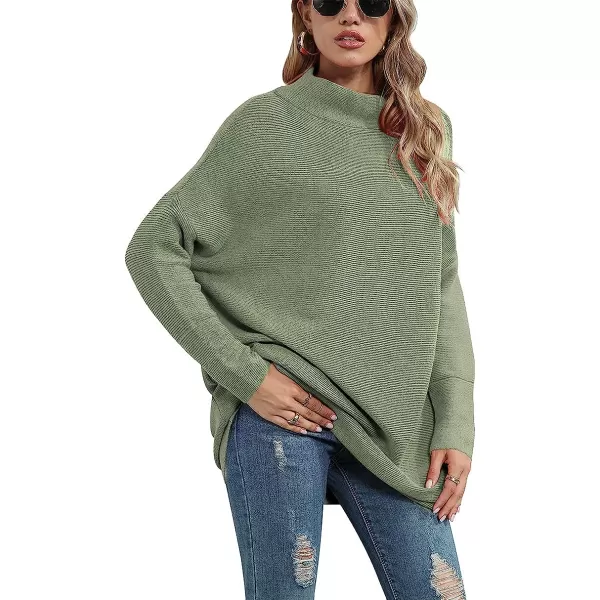imageANRABESS Women Casual Turtleneck Batwing Sleeve Slouchy Oversized Ribbed Knit Tunic Sweaters PulloverGrass