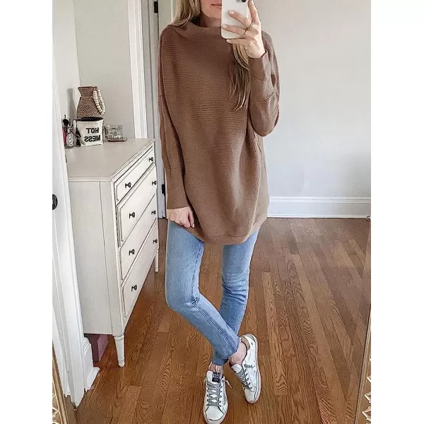 imageANRABESS Women Casual Turtleneck Batwing Sleeve Slouchy Oversized Ribbed Knit Tunic Sweaters PulloverNutmeg