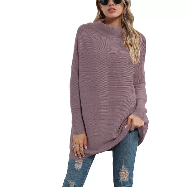 imageANRABESS Women Casual Turtleneck Batwing Sleeve Slouchy Oversized Ribbed Knit Tunic Sweaters PulloverPurple