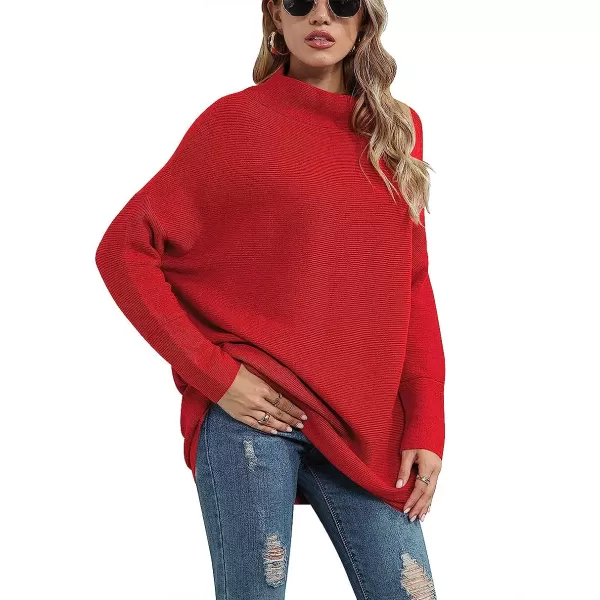 imageANRABESS Women Casual Turtleneck Batwing Sleeve Slouchy Oversized Ribbed Knit Tunic Sweaters PulloverRed