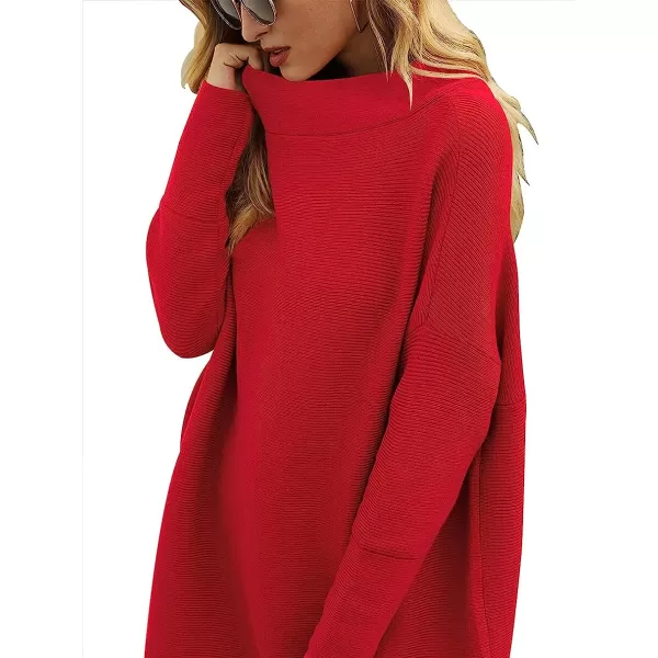 imageANRABESS Women Casual Turtleneck Batwing Sleeve Slouchy Oversized Ribbed Knit Tunic Sweaters PulloverRed