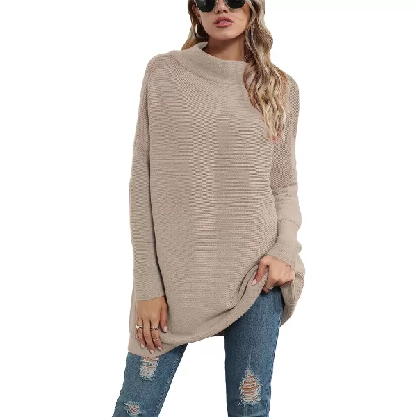 imageANRABESS Women Casual Turtleneck Batwing Sleeve Slouchy Oversized Ribbed Knit Tunic Sweaters PulloverRed Apricot
