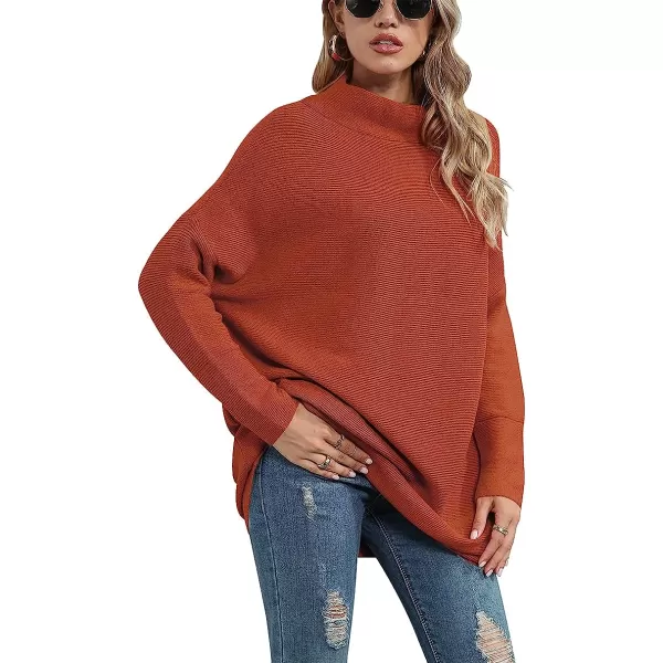 imageANRABESS Women Casual Turtleneck Batwing Sleeve Slouchy Oversized Ribbed Knit Tunic Sweaters PulloverRust