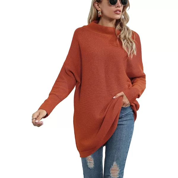 imageANRABESS Women Casual Turtleneck Batwing Sleeve Slouchy Oversized Ribbed Knit Tunic Sweaters PulloverRust