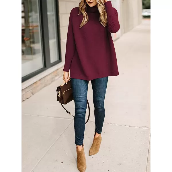 imageANRABESS Women Casual Turtleneck Batwing Sleeve Slouchy Oversized Ribbed Knit Tunic Sweaters PulloverWine Red