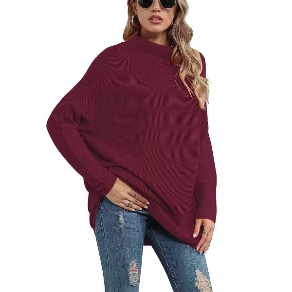imageANRABESS Women Casual Turtleneck Batwing Sleeve Slouchy Oversized Ribbed Knit Tunic Sweaters PulloverWine Red