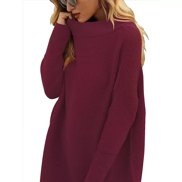 imageANRABESS Women Casual Turtleneck Batwing Sleeve Slouchy Oversized Ribbed Knit Tunic Sweaters PulloverWine Red