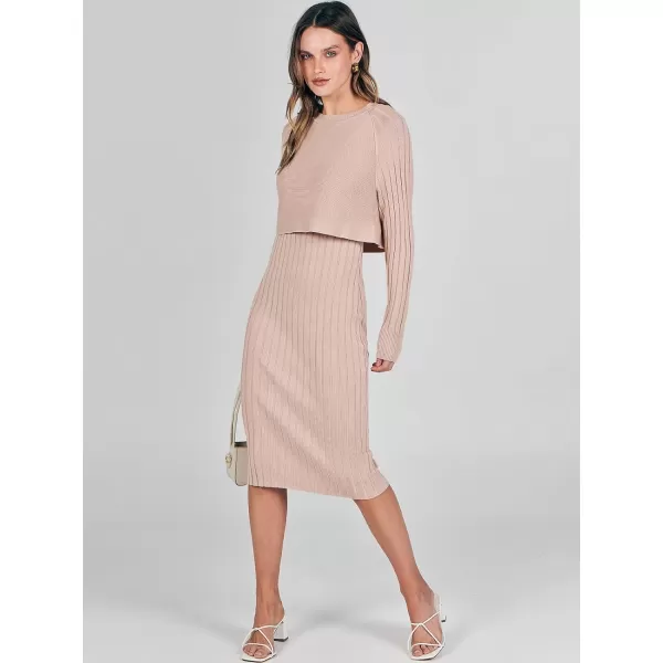 imageANRABESS Women Casual Two Piece Outfits Long Sleeve Ribbed Knit Crop Top and Bodycon Midi Dresses Pullover Sweater SetsApricot