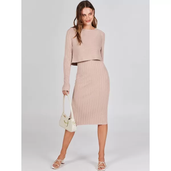 imageANRABESS Women Casual Two Piece Outfits Long Sleeve Ribbed Knit Crop Top and Bodycon Midi Dresses Pullover Sweater SetsApricot