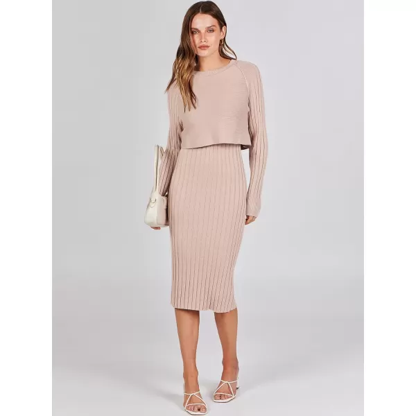 imageANRABESS Women Casual Two Piece Outfits Long Sleeve Ribbed Knit Crop Top and Bodycon Midi Dresses Pullover Sweater SetsApricot