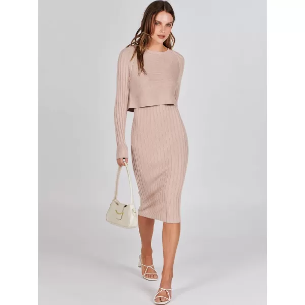 imageANRABESS Women Casual Two Piece Outfits Long Sleeve Ribbed Knit Crop Top and Bodycon Midi Dresses Pullover Sweater SetsApricot