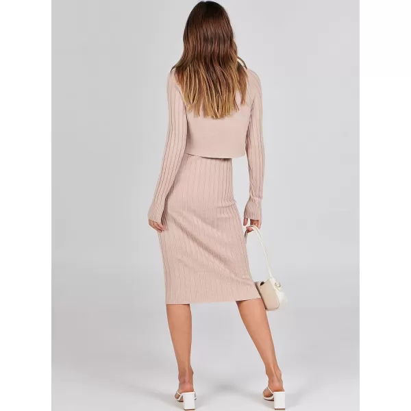 imageANRABESS Women Casual Two Piece Outfits Long Sleeve Ribbed Knit Crop Top and Bodycon Midi Dresses Pullover Sweater SetsApricot