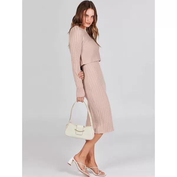 imageANRABESS Women Casual Two Piece Outfits Long Sleeve Ribbed Knit Crop Top and Bodycon Midi Dresses Pullover Sweater SetsApricot