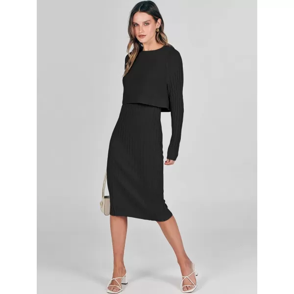 imageANRABESS Women Casual Two Piece Outfits Long Sleeve Ribbed Knit Crop Top and Bodycon Midi Dresses Pullover Sweater SetsBlack