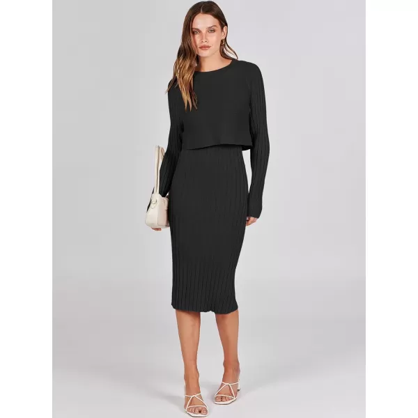 imageANRABESS Women Casual Two Piece Outfits Long Sleeve Ribbed Knit Crop Top and Bodycon Midi Dresses Pullover Sweater SetsBlack