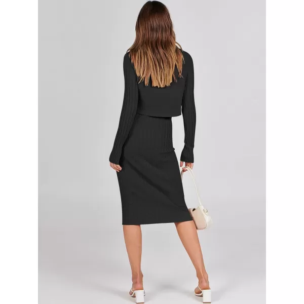 imageANRABESS Women Casual Two Piece Outfits Long Sleeve Ribbed Knit Crop Top and Bodycon Midi Dresses Pullover Sweater SetsBlack