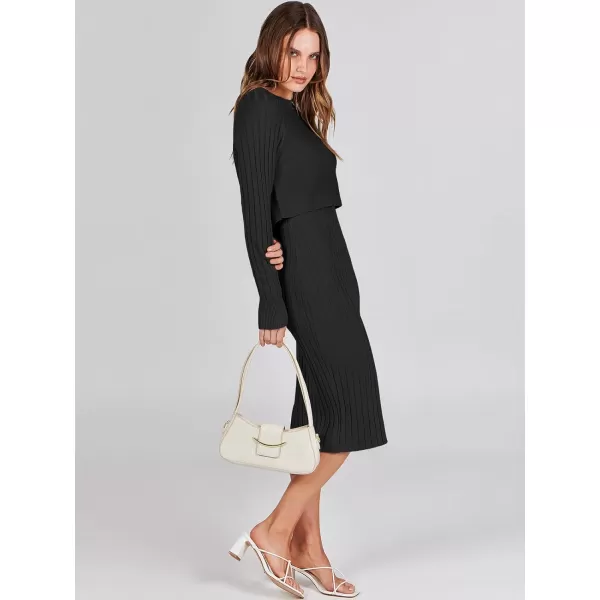 imageANRABESS Women Casual Two Piece Outfits Long Sleeve Ribbed Knit Crop Top and Bodycon Midi Dresses Pullover Sweater SetsBlack