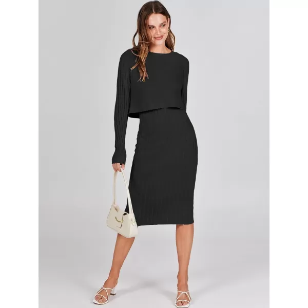 imageANRABESS Women Casual Two Piece Outfits Long Sleeve Ribbed Knit Crop Top and Bodycon Midi Dresses Pullover Sweater SetsBlack