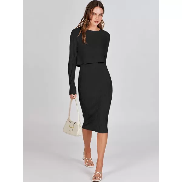 imageANRABESS Women Casual Two Piece Outfits Long Sleeve Ribbed Knit Crop Top and Bodycon Midi Dresses Pullover Sweater SetsBlack