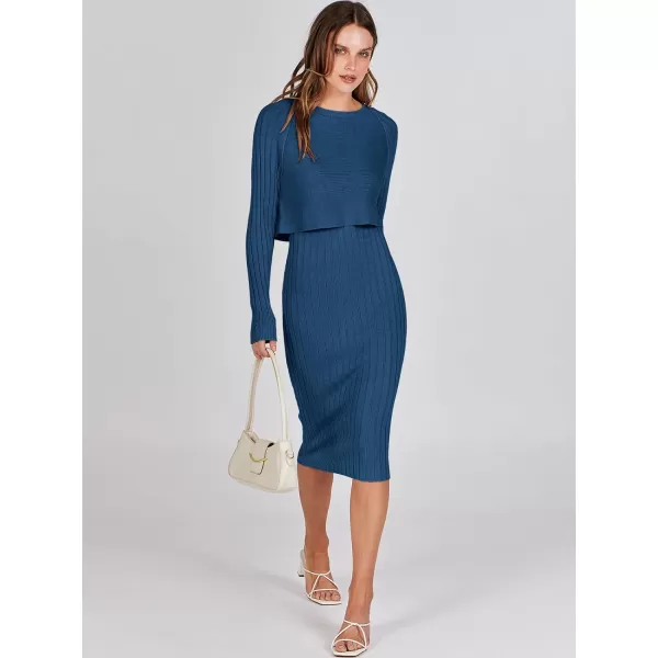 imageANRABESS Women Casual Two Piece Outfits Long Sleeve Ribbed Knit Crop Top and Bodycon Midi Dresses Pullover Sweater SetsBlue