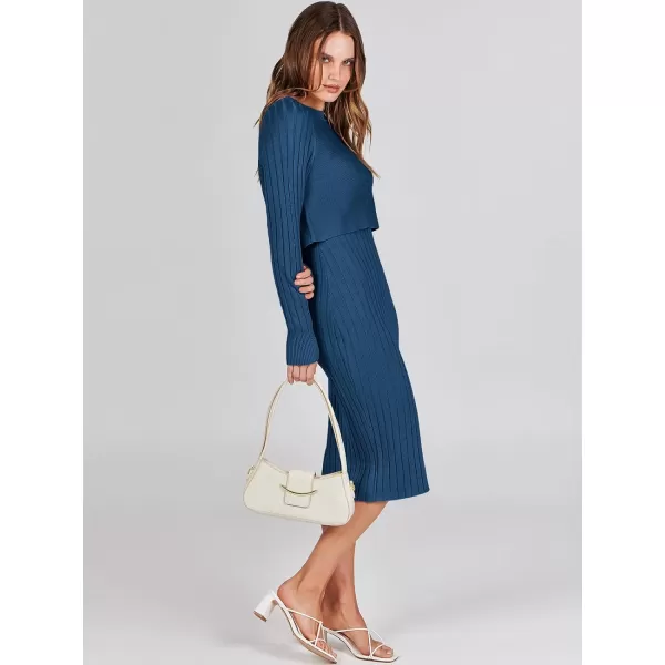 imageANRABESS Women Casual Two Piece Outfits Long Sleeve Ribbed Knit Crop Top and Bodycon Midi Dresses Pullover Sweater SetsBlue