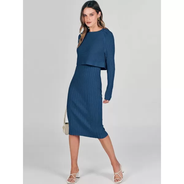 imageANRABESS Women Casual Two Piece Outfits Long Sleeve Ribbed Knit Crop Top and Bodycon Midi Dresses Pullover Sweater SetsBlue