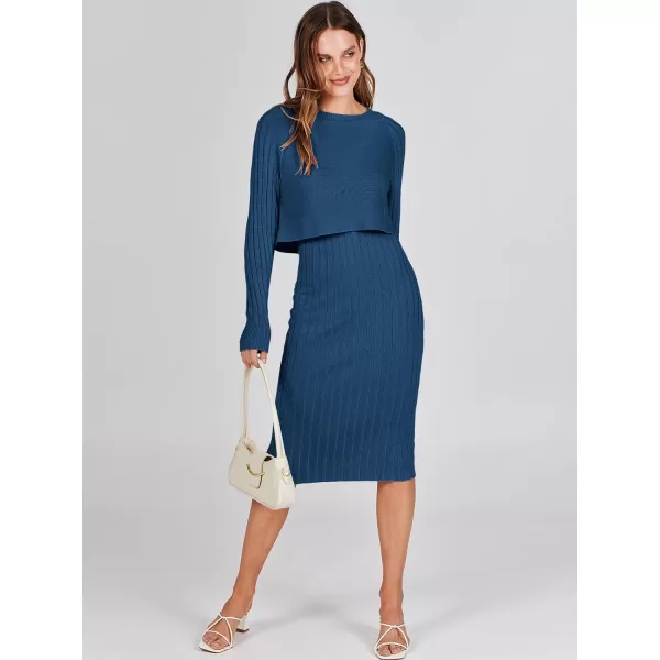 imageANRABESS Women Casual Two Piece Outfits Long Sleeve Ribbed Knit Crop Top and Bodycon Midi Dresses Pullover Sweater SetsBlue