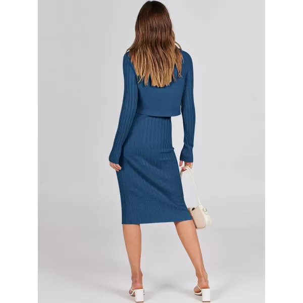 imageANRABESS Women Casual Two Piece Outfits Long Sleeve Ribbed Knit Crop Top and Bodycon Midi Dresses Pullover Sweater SetsBlue