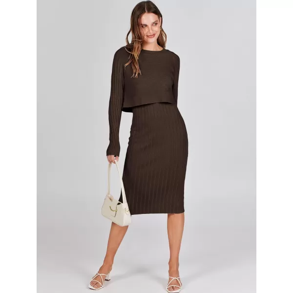 imageANRABESS Women Casual Two Piece Outfits Long Sleeve Ribbed Knit Crop Top and Bodycon Midi Dresses Pullover Sweater SetsBrown