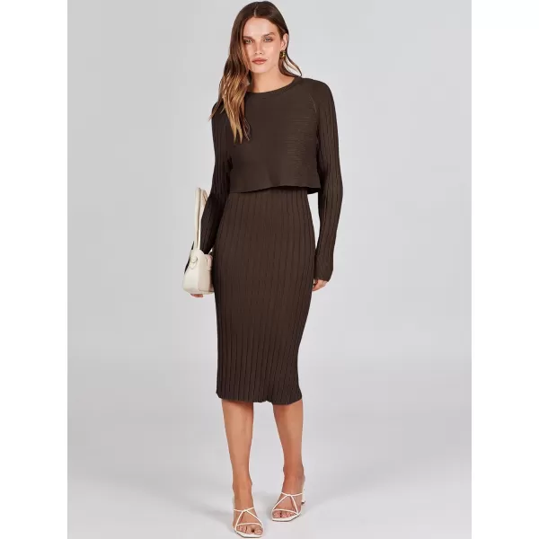 imageANRABESS Women Casual Two Piece Outfits Long Sleeve Ribbed Knit Crop Top and Bodycon Midi Dresses Pullover Sweater SetsBrown