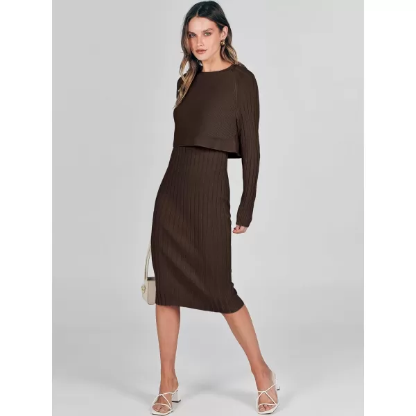 imageANRABESS Women Casual Two Piece Outfits Long Sleeve Ribbed Knit Crop Top and Bodycon Midi Dresses Pullover Sweater SetsBrown