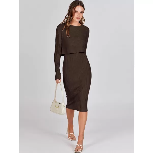 imageANRABESS Women Casual Two Piece Outfits Long Sleeve Ribbed Knit Crop Top and Bodycon Midi Dresses Pullover Sweater SetsBrown