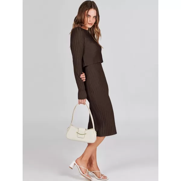 imageANRABESS Women Casual Two Piece Outfits Long Sleeve Ribbed Knit Crop Top and Bodycon Midi Dresses Pullover Sweater SetsBrown