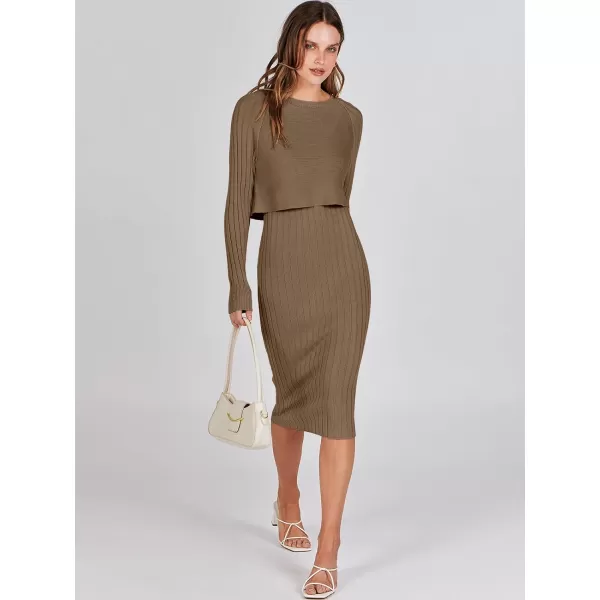 imageANRABESS Women Casual Two Piece Outfits Long Sleeve Ribbed Knit Crop Top and Bodycon Midi Dresses Pullover Sweater SetsCoffee