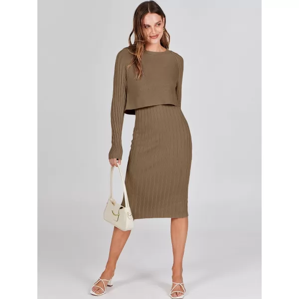 imageANRABESS Women Casual Two Piece Outfits Long Sleeve Ribbed Knit Crop Top and Bodycon Midi Dresses Pullover Sweater SetsCoffee