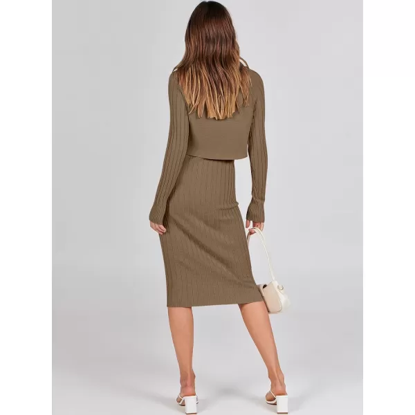 imageANRABESS Women Casual Two Piece Outfits Long Sleeve Ribbed Knit Crop Top and Bodycon Midi Dresses Pullover Sweater SetsCoffee